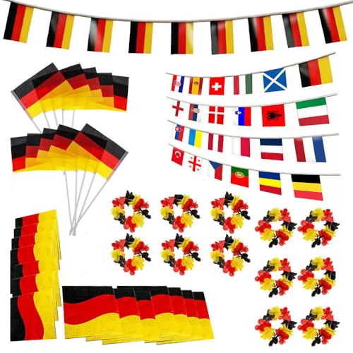 Murago - 50 teiliges Deutschland XL Deko Fan-Set - Fanartikel Flaggenkette Europa Fahnen 24 Länder Girlande Gastro Hawaiikette Armband Handfahnen Servietten EM Flaggen Garten Party von Murago