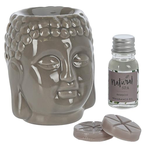 Murago - Buddhakopf Duftlampe Geschenkset Taupe - Aromalampe Braun Grau Keramik für Teelicht Duftöl & Duftwachs Bambusduft Dekofigur Duftlampenset Buddha Figur von Murago