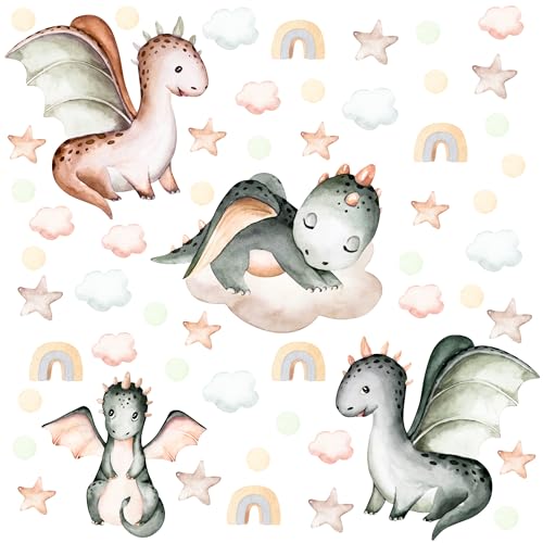 Muralo Sticker Set für Jungen - Aquarell Aufkleber Wandsticker Tattoo für Kinderzimmer - Märchenhafte Dinosaurier Motiv - Br.120cm x Hö.60cm von Muralo