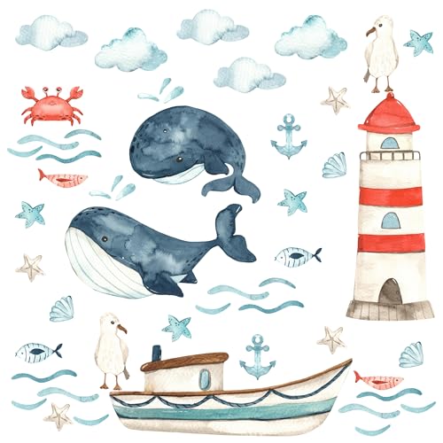 Muralo Sticker Set für Mädchen und Jungen - Aquarell Aufkleber Wandsticker Tattoo für Kinderzimmer - Maritime Elemente Motiv - Br.120cm x Hö.60cm von Muralo