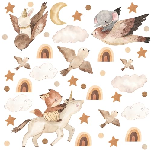 Muralo Sticker Set für Mädchen und Jungen - Aquarell Aufkleber Wandsticker Tattoo für Kinderzimmer - Vögel im Boho Stil Motiv - Br.120cm x Hö.60cm von Muralo