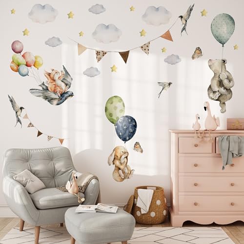 Muralo Sticker Set für Mädchen und Jungen - Aquarell Aufkleber Wandsticker Tattoo für Kinderzimmer - Wandaufkleber Tiere mit bunten Ballons und Wolken Motiv - Br.120cm x Hö.60cm von Muralo