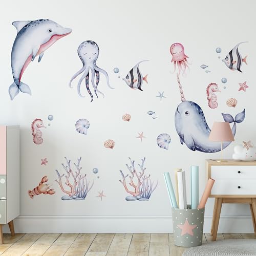 Muralo Sticker Set für Mädchen und Jungen - Aquarell Aufkleber Wandsticker Tattoo für Kinderzimmer - Wandaufkleber Unterwasserwelt Motiv - Br.120cm x Hö.60cm von Muralo