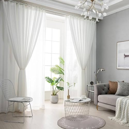 Durchsichtige Gardinen, 137 x 214 cm Weiße halbtransparente Gardinen mit mit Hakenn in Uni Farbe für Schlafzimmer, Küche, Kinderzimmer Kurze Fenstervorhänge von Musihy