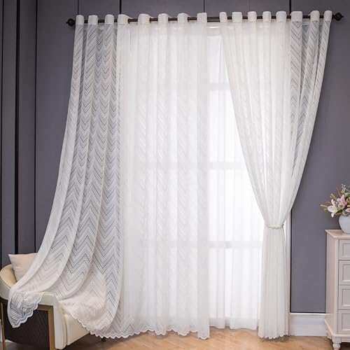 Musihy Voile Vorhänge, Schlichte Fenster-Voile-Vorhänge mit Fischgrätenmuster für Schlafzimmer und Wohnzimmer, Weiß, 102 x 160 cm von Musihy