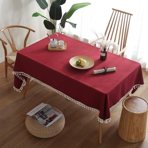 Tischdecke Abwaschbar, 140 x 200 cm Polyester Einfarbig mit Quaste Tischtuch für Küche, Picknick, Tischdekoration, Rot von Musihy