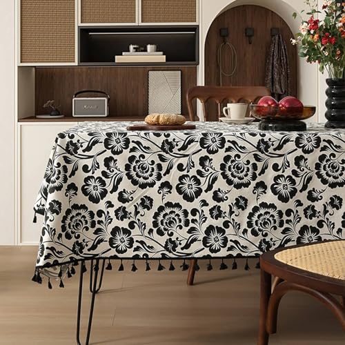 Tischdecke Abwaschbar, Rechteckige Tischtücher Staubdichte, schrumpffreie Blumen-Tischdecke für Küche, Essen, Picknick und Tischdekoration, mit Quaste, Schwarz-Stil2, 100x150cm von Musihy