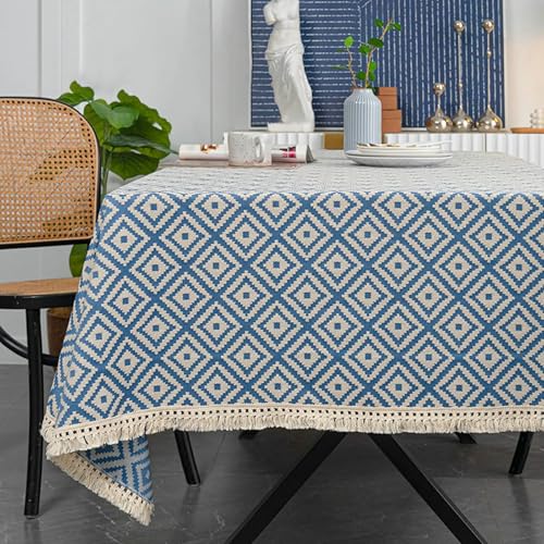 Tischdecke Esstisch Modern, Rechteckige Tischtücher Karierte Tischdecke für Buffetpartys und Bankette, knitterfrei, mit Quaste, Blau, 140x220cm von Musihy