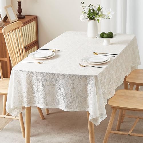 Tischdecke Landhausstil Abwaschbar, Quadratische Tischtücher Tischdecke mit Spitzenblumen im Landhausstil für Essen/Party/Buffet/Hochzeit, Weiß-Stil D, 140x140cm von Musihy