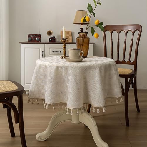 Tischdecke Rechteckig Abwaschbar, Gewebte Karierte staubdichte, schrumpffreie Tischdecke für Küche, Esszimmer, Picknick, Tischdekoration, mit Quaste, Beige, 140x260cm von Musihy