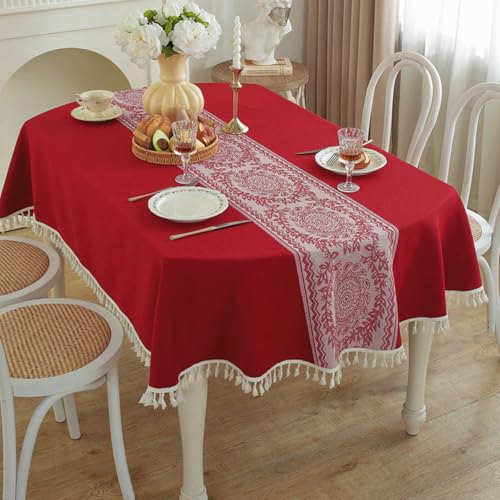 Tischdeko Elegant, Rechteckige Tischdecken Tischdecke aus Patchworkstoff mit Blumenmuster für Esszimmer, Küche, Partys, mit Quaste, Dunkelrot, 140x180cm von Musihy