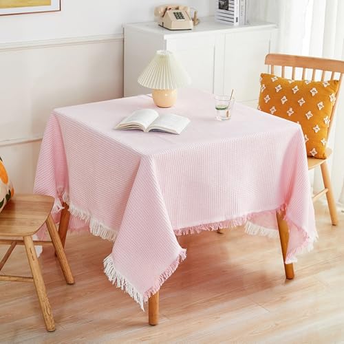 Tischdeko Elegant, Rechteckige Tischtücher Karierte Tischdecke für Küche und Esszimmer, mit Fransen, Rosa Weiß-Stil3, 90x240cm von Musihy