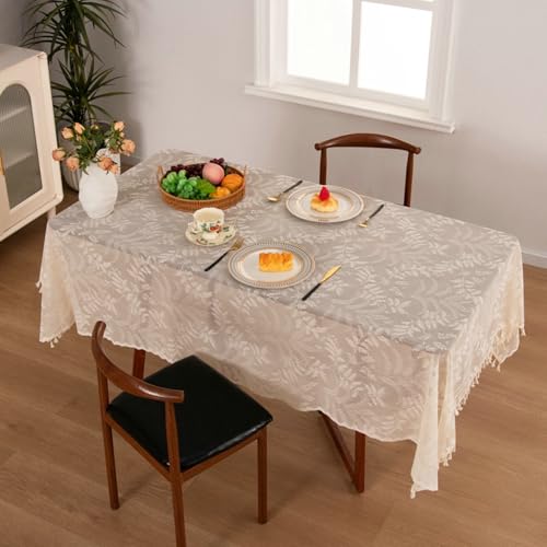 Tischtuch Abwaschbar, Rechteckige Tischdecken Gestickte Blätter Spitze staubdicht und schrumpffrei Tischdecke für Küche Essen Picknick Tischdekoration, Beige, 140x180cm von Musihy