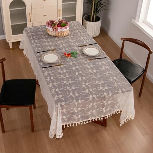 Tischtuch Abwaschbar, Rechteckige Tischtücher Tischdecke mit Spitzenblumen für Buffetpartys und Bankette, knitterfrei, mit Quaste, Beige, 140x200cm von Musihy