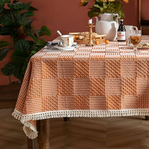 Tischtücher Hochzeit, Rechteckige Tischtücher Tischdecke mit Karomuster für Küche und Esszimmer, mit Quaste, Orange, 140x220cm von Musihy