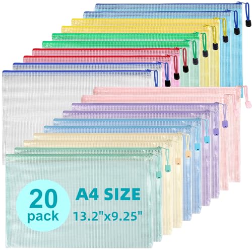 Mutsitaz 20 Stück Dokumententasche A4, A4 Plastic Wallets File Bags, Dokumentenmappe mit Reißverschluss, Mesh Kunststoff Dokumententasche A4, für Datei Taschen, Papier, Dokumente, Kosmetika von Mutsitaz