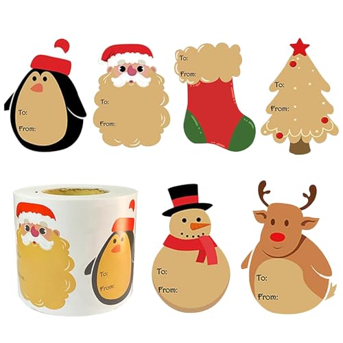 Muuzebsy Selbstklebende Weihnachtsanhänger - Klebeetikett Aufkleber Cartoon Weihnachtsetikett - Frohe Weihnachten Aufkleber Rolle für Familie und Freunde für Snackbeutel, Weihnachtsstrümpfe von Muuzebsy