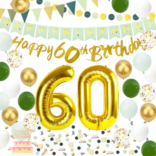 60 Geburtstag Deko, Grün Gold 60 Happy Birthday Deko für Frauen Männer 60 Geburtstag Luftballons, Girlande Geburtstag, Happy Birthday Banner Balloons, Geburtstagsdeko Birthday Decorations. von Muzigs