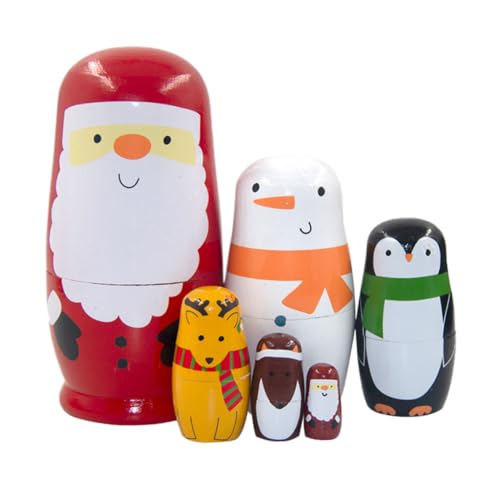 Muzrunq Hölzerne russische nistpuppen Santa Claus Penguin elk Snowman stapeling duge Set Weihnachten Spielzeug 6PCS Hölzerne Russische Puppe russische Weihnachtsfest -Puppen von Muzrunq