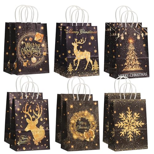 Weihnachtsgeschenkbeutel 12pcs Papiertüten mit Griffen schwarz Gold kleiner Papier Weihnachtsmassen -Geschenktüten mit Griffen, Weihnachtsbeutel für Geschenke, kleine Weihnachtsgeschenkbeutel von Muzrunq