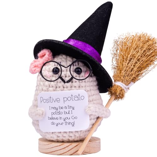 Mwmoeen Halloween Positive Kartoffel, Pocket Hug Positive Potato Geschenke Kreative Strickwolle Puppe Mit Hexenhut, Besen und Positive Karte, Abschiedsgeschenk Kollegen(H1) von Mwmoeen