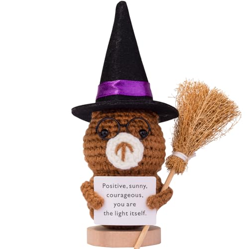 Mwmoeen Halloween Positive Kartoffel, Pocket Hug Positive Potato Geschenke Kreative Strickwolle Puppe Mit Hexenhut, Besen und Positive Karte, Abschiedsgeschenk Kollegen(H11) von Mwmoeen