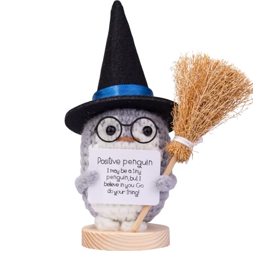 Mwmoeen Halloween Positive Kartoffel, Pocket Hug Positive Kartoffel Geschenke Kreative Strickwolle Puppe Mit Hexenhut, Besen und Positive Karte, Abschiedsgeschenk Kollegen(H15) von Mwmoeen