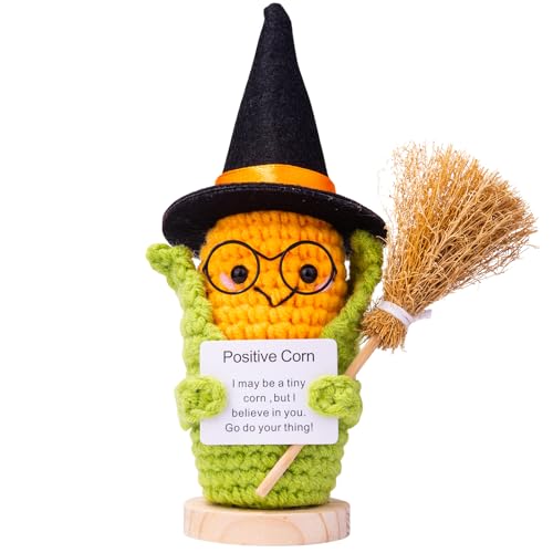 Mwmoeen Halloween Positive Kartoffel, Pocket Hug Positive Potato Geschenke Kreative Strickwolle Puppe Mit Hexenhut, Besen und Positive Karte, Abschiedsgeschenk Kollegen(H19) von Mwmoeen