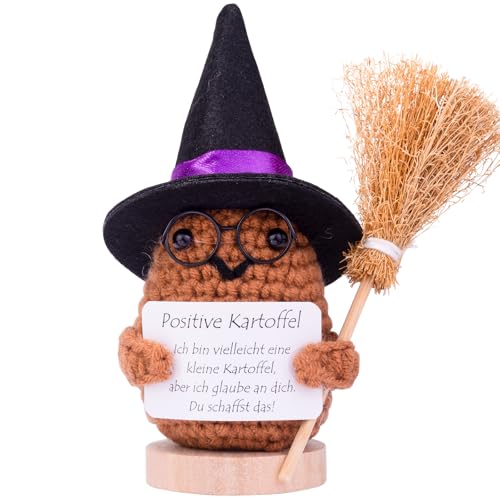 Mwmoeen Halloween Positive Kartoffel, Pocket Hug Positive Kartoffel Geschenke Kreative Strickwolle Puppe Mit Hexenhut, Besen und Positive Karte, Abschiedsgeschenk Kollegen(H3) von Mwmoeen