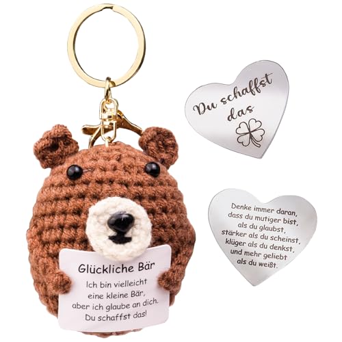 Mwmoeen Lustige Positive Glücksbär, Pocket Hug Positiver Bär, Handgemachte Gestrickte Wolle Bär Glücksbringer Geschenke Mit Postkarte Für Frauen, Beste Freundin Geschenke für Freundin(A) von Mwmoeen