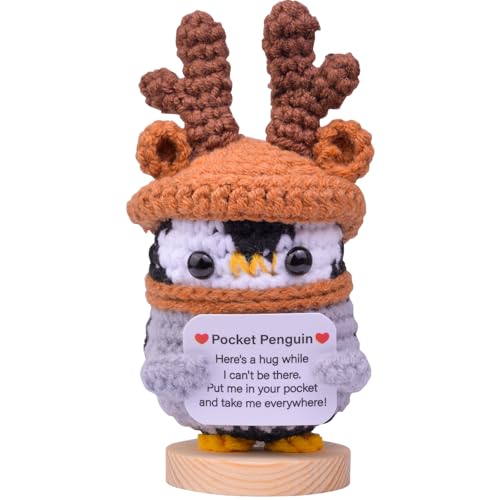 Mwmoeen Lustiger Positiver Pinguin, Glücksbringer Penguin Pocket Hug Geschenke, Süßes Gestricktes Pinguin mit Positiver Karte Aufmunterung Geschenke, Motivationsgeschenke, Beste Freundin Geschenke von Mwmoeen