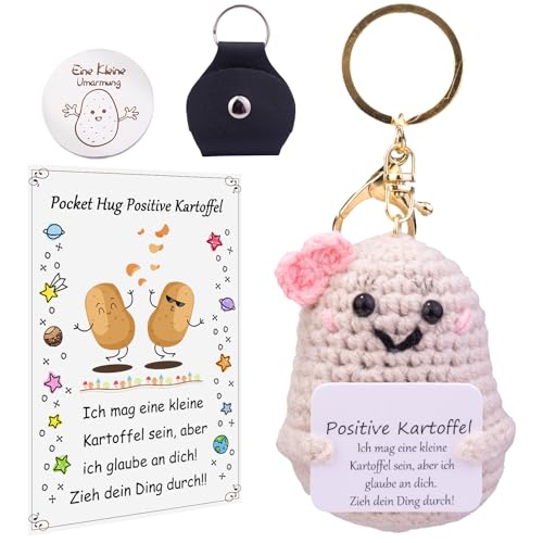 Mwmoeen Pocket Hug Positive Kartoffel, Positive Kartoffel Schlüsselschnalle und Glücksbringer, Kreative Strickwolle Kartoffel Puppe Geschenk mit Positiver Energiekarte für Beste Freund Kollegen(A) von Mwmoeen