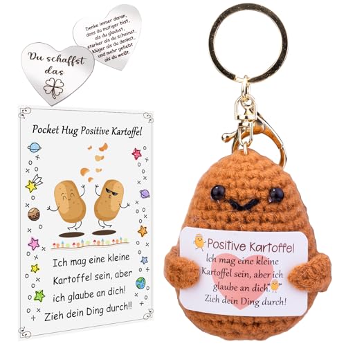 Mwmoeen Pocket Hug Positive Kartoffel, Positive Kartoffel Schlüsselschnalle und Glücksbringer, Kreative Strickwolle Kartoffel Puppe Geschenk mit Positiver Energiekarte für Beste Freund Kollegen(C) von Mwmoeen