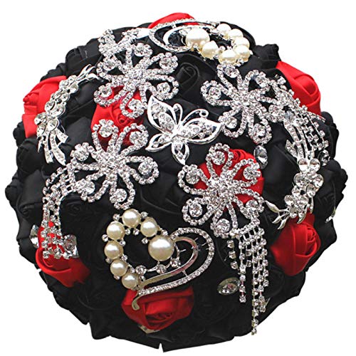 Mxxephemer Strass-Blumen haltend, Hochzeitsblumen, Brautsträuße, elfenbeinfarbenes Band, Broschenstrauß, Hochzeits-Diamantstrauß, 18 cm, rot (18 cm, Rot, Schwarz) von Mxxephemer