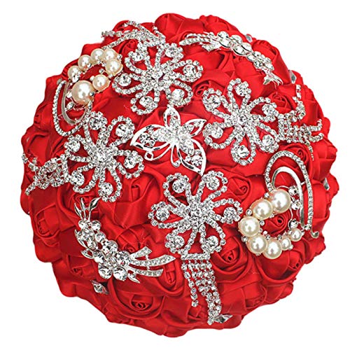 Mxxephemer Strass-Blumen haltend, Hochzeitsblumen, Brautsträuße, elfenbeinfarbenes Band, Broschenstrauß, Hochzeits-Diamantstrauß, 18 cm, rot (18 cm, rot) von Mxxephemer