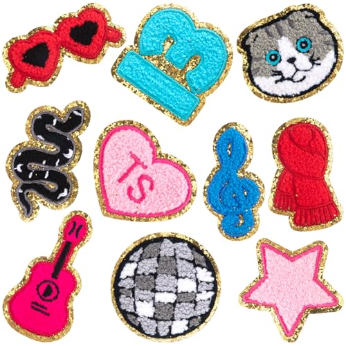 Mxxipp Chenille-Aufnäher zum Aufbügeln für Rucksäcke, Glitzer, Katze, Herz, Stern, bestickte Applikationen, bunte Gitarrenschals, Reparaturflicken für Musik-Fans, Kleidung, Hüte, Taschen, Dekoration, von Mxxipp