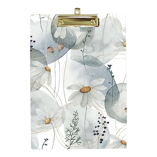 A4 Standard-Klemmbrett Aquarell Gänseblümchen Vintage Blumen goldene Linien Kunststoff Klemmbretter für Schüler Schule Büro Niedriges Profil Metall Clip Loch zum Aufhängen von My Daily