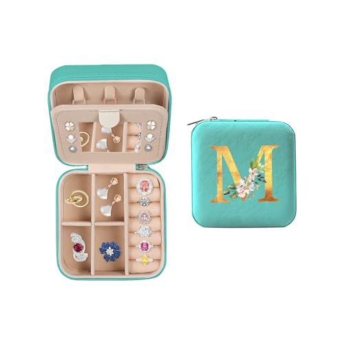 My Daily Reise-Schmuckkästchen – kleine Schmuckschatulle für Damen und Mädchen, Geschenk-Organizer, Leder-Schmuckhalter-Boxen mit Spiegel, Mintgrün, Initiale M von My Daily