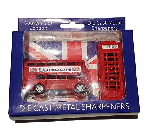 Bleistiftspitzer-Set mit London-Bus und Telefonzelle, Druckguss-Metall/Rot, Doppeldecker-Routemaster und Telefonzelle, britisches Souvenir aus England, für Schule, Zuhause oder Büro von My London Souvenirs