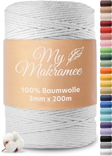 My Makramee® - Makramee Garn 3mm x 200m - Weiß - 100% Baumwolle - Premium Baumwollgarn mit natürlicher Optik - plastikfreie Verpackung von My Makramee