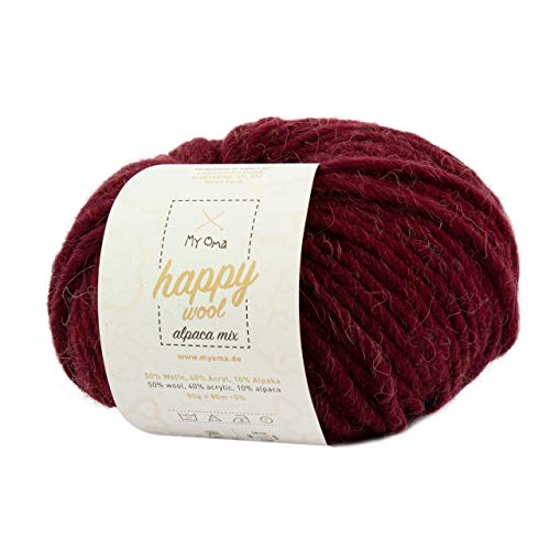 Alpaca Wolle zum Stricken -1x Happy Wool alpaca mix kaminrot (Fb 41)- 1 Knäuel Wolle dunkelrot + GRATIS Label - Wolle mit Alpaka - 50g/80m - Nadelstärke 7-8mm - Wolle zum Stricken - rote Wolle von My Oma