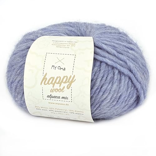 My Oma Alpacawolle Stricken -1x Happy Wool Alpaca Mix alpinblau (Fb 42)- 1 Knäuel Wolle blau + GRATIS Label; Wolle mit Alpaka; 50g/80m; Nadelstärke 7-8mm; Wolle zum Stricken; Blaue Wolle von My Oma