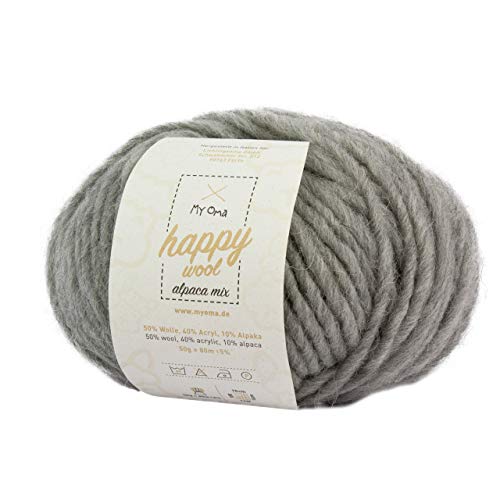 Alpaka Wolle -1x Happy Wool alpaca mix hellgrau (Fb 31)- 1 Knäuel Wolle grau + GRATIS Label - Wolle mit Alpaka - 50g/80m - Nadelstärke 7-8mm - Wolle zum Stricken - Mischwolle zum Häkeln - graue Wolle von My Oma