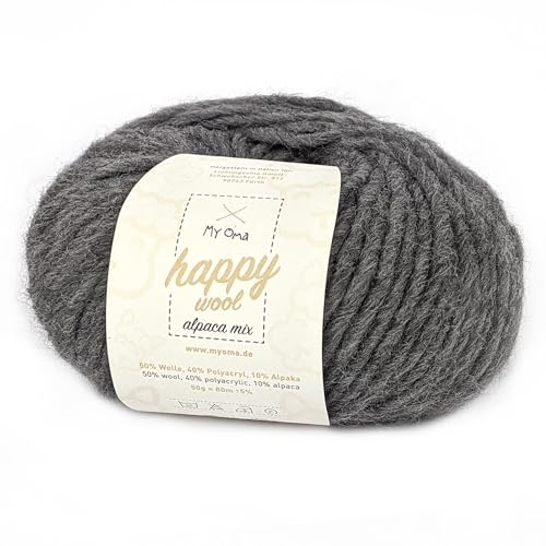 Alpaka Wolle -1x Happy Wool alpaca mix schiefergrau (Fb 56)- 1 Knäuel Wolle grau + GRATIS Label; Wolle mit Alpaka; 50g/80m; Nadelstärke 7-8mm; Wolle zum Stricken; Mischwolle zum Häkeln; graue Wolle von My Oma