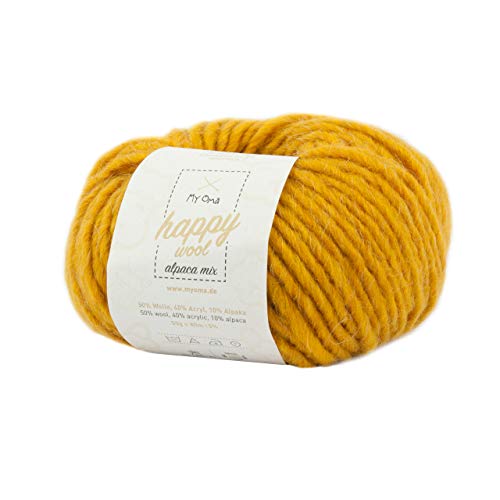 Alpaka Wolle -1x Happy Wool alpaca mix sonne (Fb 53)- 1 Knäuel Wolle gelb + GRATIS Label - Wolle mit Alpaka - 50g/80m - Nadelstärke 7-8mm - Wolle zum Stricken - Mischwolle zum Häkeln - gelbe Wolle von My Oma