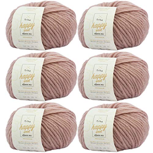 Alpakawolle stricken -6x Happy Wool alpaca mix puder (Fb 67)- 6 Knäuel Wolle rosa + GRATIS Label - Wolle mit Alpaka - 50g/80m - Nadelstärke 7-8mm - Wolle zum Häkeln - rosa Wolle von My Oma