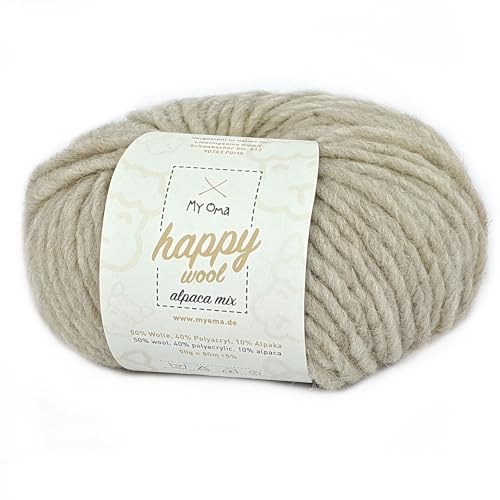 Alpakawolle zum Stricken -1x Happy Wool alpaca mix sand (Fb 28)- 1 Knäuel Wolle beige + GRATIS Label; Wolle mit Alpaka; 50g/80m; Nadelstärke 7-8mm; beige Wolle zum Stricken von My Oma