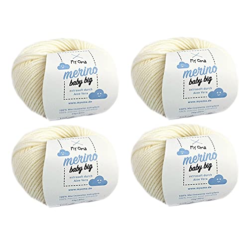 Baby Wolle - Merino Baby Big naturweiß (Fb 8000) - 4 Knäuel Babywolle weiß + GRATIS Label - Babywolle flauschig - 25g/85m - Nadelstärke 4mm - Merinowolle Baby Natur - Myoma Babywolle Stricken weich von My Oma