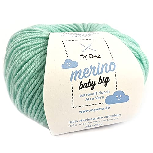 Babywolle Merino - Merino Baby Big Minze (Fb 8010) - 1 Knäuel Babywolle mintgrün + GRATIS Label - Merino Wolle Baby - 25g/85m - Nadelstärke 4mm - Grüne Baby Merino Wolle - Myoma Babygarn zum Stricken von My Oma