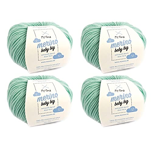 Babywolle Merino - Merino Baby Big Minze (Fb 8010) - 4 Knäuel Babywolle mintgrün + GRATIS Label - Merino Wolle Baby - 25g/85m - Nadelstärke 4mm - Grüne Baby Merino Wolle - Myoma Babygarn zum Stricken von My Oma